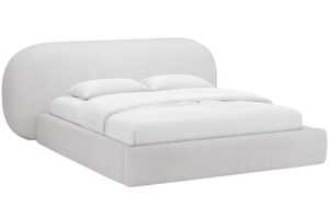 Světle šedá bouclé dvoulůžková postel MICADONI Ovalo 160 x 200 cm s úložným prostorem