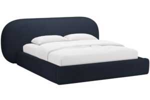 Tmavě modrá bouclé dvoulůžková postel MICADONI Ovalo 160 x 200 cm s úložným prostorem