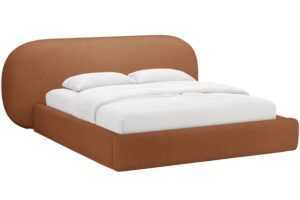 Terakotově oranžová bouclé dvoulůžková postel MICADONI Ovalo 160 x 200 cm s úložným prostorem